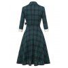 Plaid Print Vintage Dress Bowknot Surplice Dress Contrast Lapel Three Quarter Sleeve A Line Dress - DEEP GREEN S
