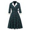 Plaid Print Vintage Dress Bowknot Surplice Dress Contrast Lapel Three Quarter Sleeve A Line Dress - DEEP GREEN S