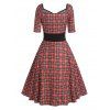 Vintage Dress Plaid Print Dress Ruched Empire Waist Dress Half Sleeve Dress - RED XL