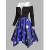 Robe Mouchoir à Imprimé Galaxie et Carreaux à Epaule Dénudée à Demi-zip - Bleu S