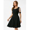 Puff Sleeve Mesh Panel Dotted Flocked Milkmaid Dress - BLACK M