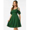 Vintage Dress Puff Sleeve Milkmaid Dress Dotted Flocked Mesh Panel A Line Dress - DEEP GREEN M