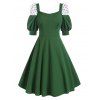 Puff Sleeve Dotted Flocked Mesh Panel Milkmaid Dress - DEEP GREEN S