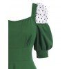 Puff Sleeve Dotted Flocked Mesh Panel Milkmaid Dress - DEEP GREEN M