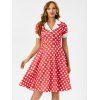 Vintage Polka Dot Mock Button Lapel A Line Dress - RED L