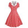 Vintage Polka Dot Mock Button Lapel A Line Dress - RED L