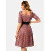 Vintage Dress Plaid Print Dress Ruched Empire Waist Dress Half Sleeve Dress - RED XL