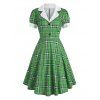 Vintage Plaid Mock Button Lapel A Line Dress - GREEN S