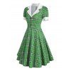 Vintage Plaid Mock Button Lapel A Line Dress - GREEN S