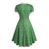 Vintage Plaid Mock Button Lapel A Line Dress - GREEN XL