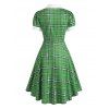 Vintage Plaid Mock Button Lapel A Line Dress - GREEN 2XL