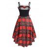 Plaid Faux Fur Insert Lace Up Corset Waist High Low Dress - RED XL