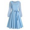 Belted Chiffon Textured Sleeve Swing Dress - LIGHT BLUE M