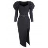 Gigot Sleeve Slit Belted Midi Dress - BLACK S