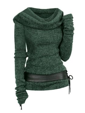 Hooded Cowl Front Belted Lace Up Sweater