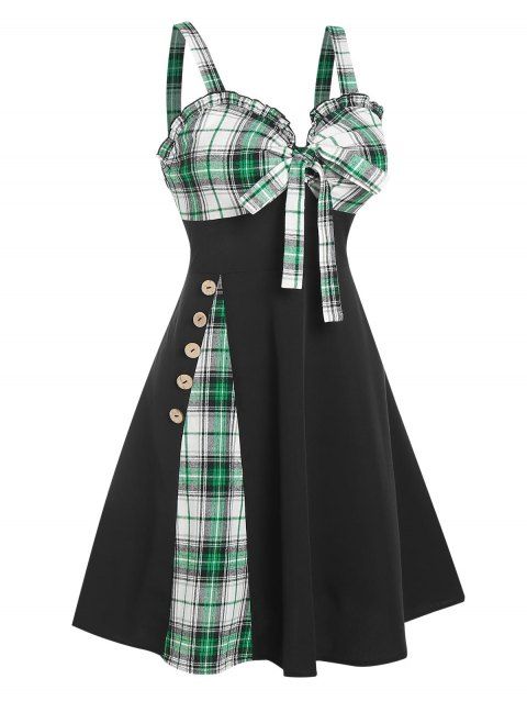 Plaid Print Godet Dress Bowknot Ruffles Mini Dress Mock Button Casual Flare Dress