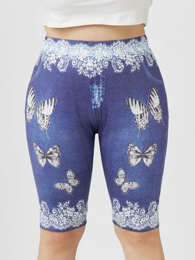 Plus Size 3D Lace Denim Butterfly Print Knee Length Shorts