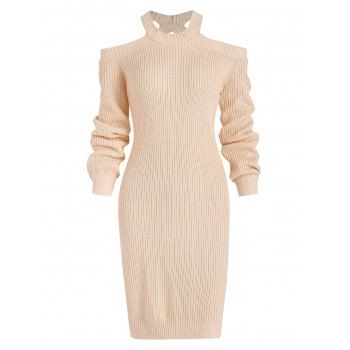 

Cold Shoulder Lantern Sleeve Mini Sweater Dress, Light coffee