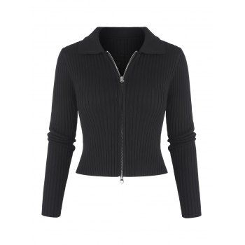 

Ribbed Double Way Zip Collared Cardigan, Black