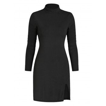 

Ribbed Mock Neck Slit Slinky Dress, Black