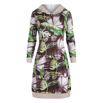 

Tropical Print Kangaroo Pocket Hoodie Dress, Multicolor