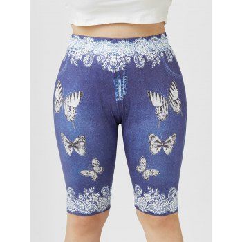 

Plus Size 3D Lace Denim Butterfly Print Knee Length Shorts, Light blue