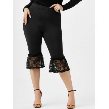 

Plus Size Floral Lace Hem Cropped Flare Pants, Black