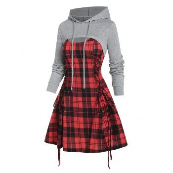 

Arm Warmer Hoodie and Plaid Lace Up Mini Dress, Multicolor