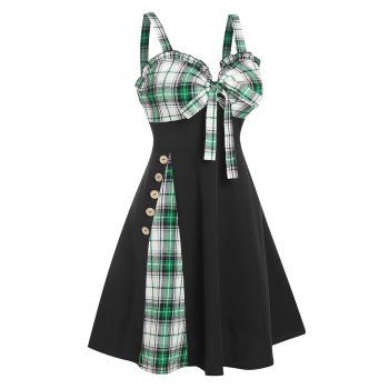 

Plaid Print Godet Dress Bowknot Ruffles Mini Dress Mock Button Casual Flare Dress, Black