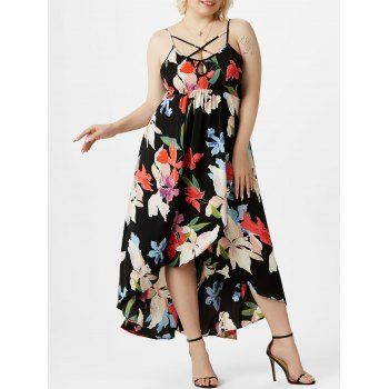 

Plus Size Keyhole Flower Print Criss Cross Tulip Dress, Black