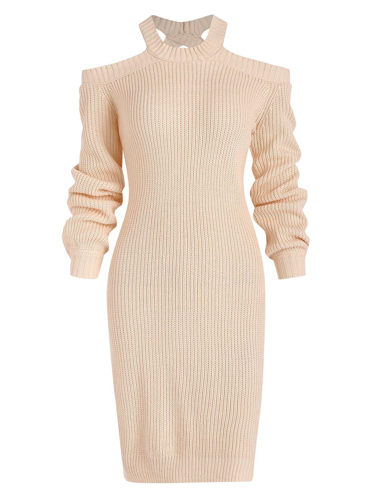Cold Shoulder Lantern Sleeve Mini Sweater Dress - LIGHT COFFEE L