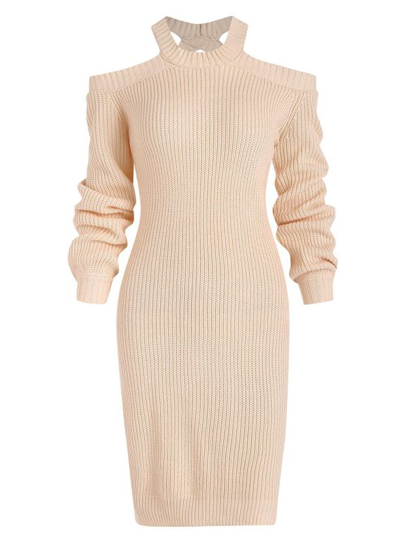 Cold Shoulder Lantern Sleeve Mini Sweater Dress - LIGHT COFFEE XL