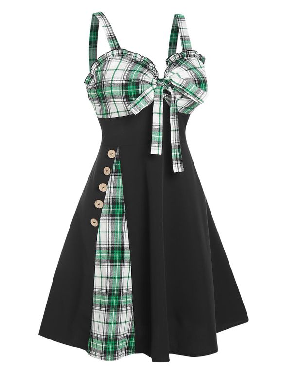 Robe Mini d'Eté Évasée Courte à Carreaux avec Nœud Papillon avec Faux Bouton - Noir S