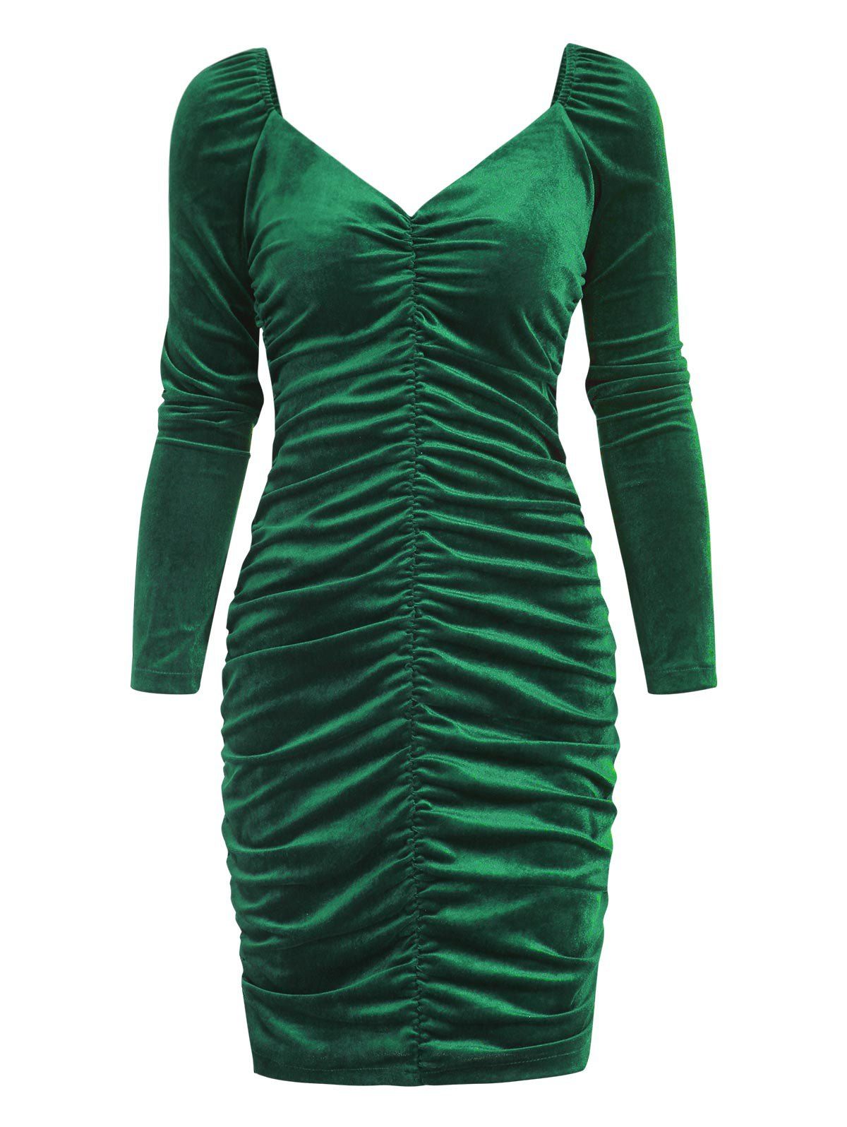 Velour Ruched Mini Slinky Dress - DEEP GREEN L