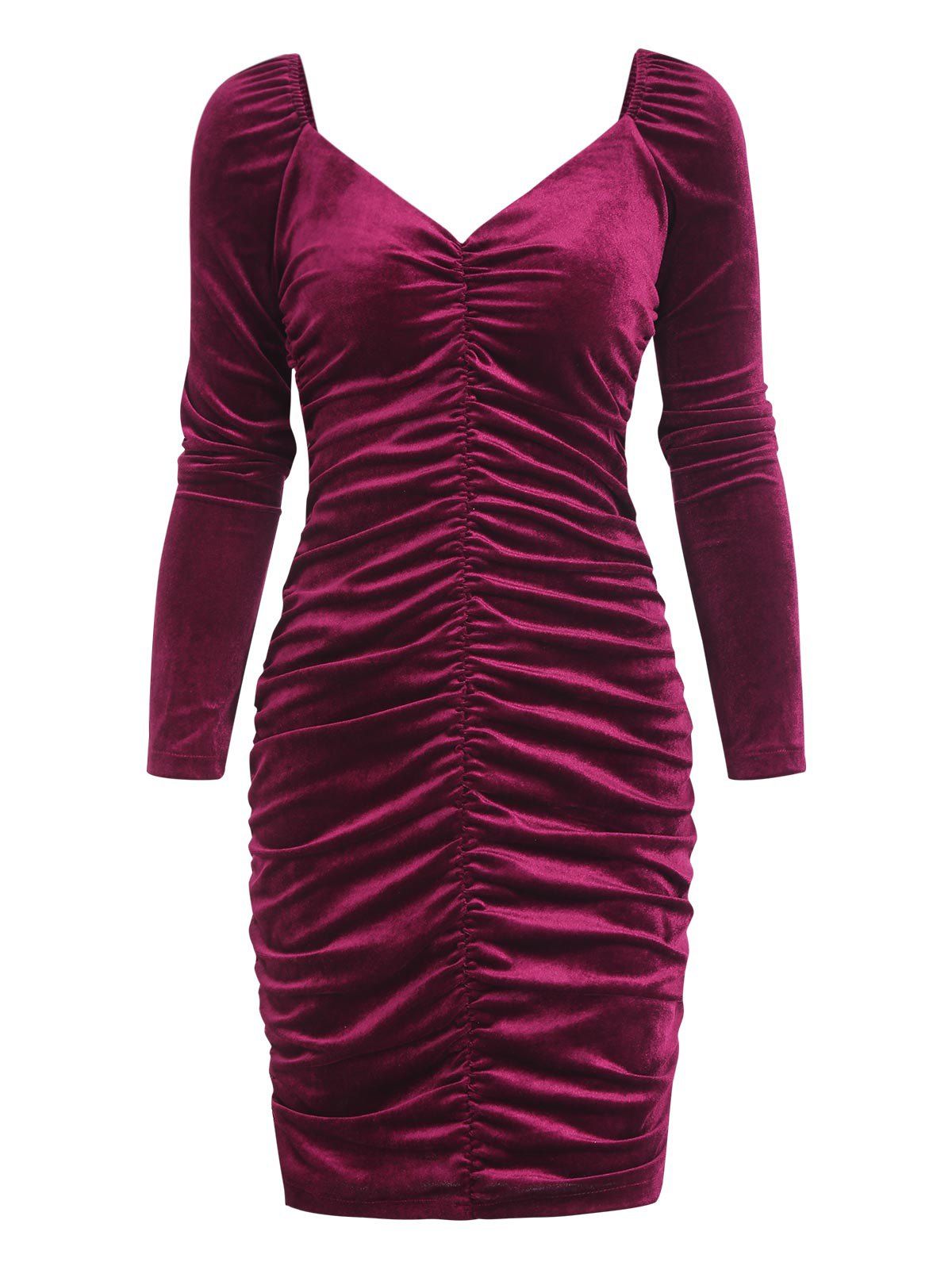 Velour Ruched Mini Slinky Dress - DEEP RED L