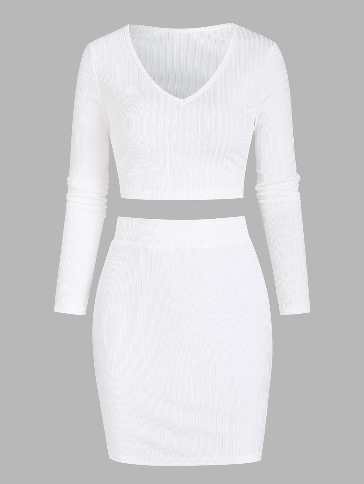 Wide Rib Long Sleeve Matching Skirt Set - WHITE XL