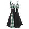 Robe Mini d'Eté Évasée Courte à Carreaux avec Nœud Papillon avec Faux Bouton - Noir S