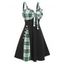 Robe Mini d'Eté Évasée Courte à Carreaux avec Nœud Papillon avec Faux Bouton - Noir S