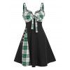 Summer Bowknot Plaid Mini Flare Dress - BLACK L