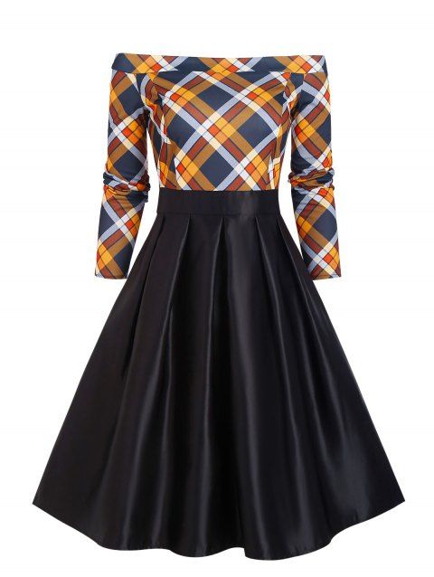 Plaid Print Vintage Dress Off The Shoulder Dress Long Sleeve Pleated Detail A Line Dress