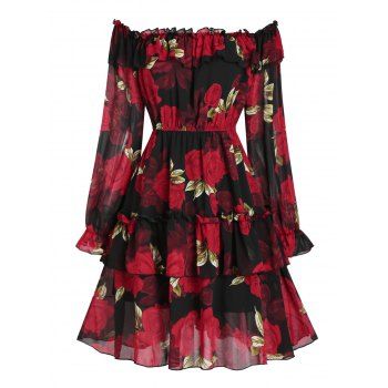 

Off Shoulder Rose Ruffles Tiered Mini Dress, Red