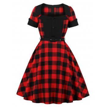 

Plaid Mock Button Rolled Cuff Belted Dress, Red