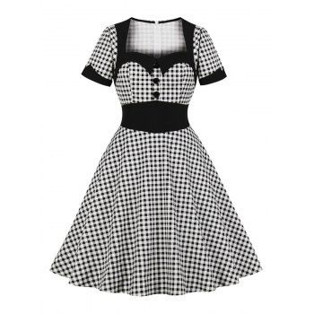 

Gingham Mock Button Empire Waist Dress, Black