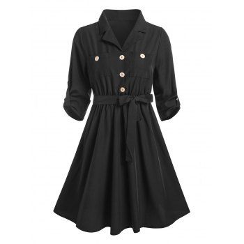 

Double Pockets Mock Button Belted Dress, Black