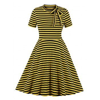 

Striped Bowknot Keyhole Dress, Yellow