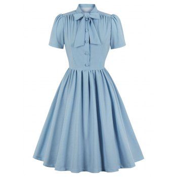 

Half Button Pussy Bow Dress, Light blue