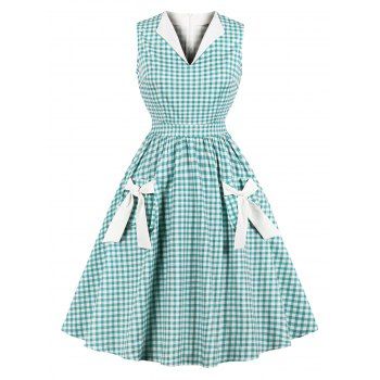 

Gingham Bowknot Pocket Dress, Light green