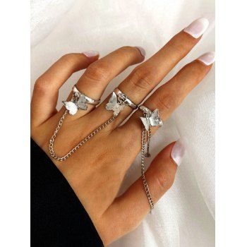 

3 Pcs Butterfly Charm Chain Ring Set, Silver