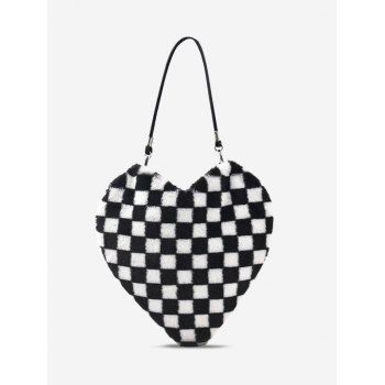

Heart Shape Checkerboard Plush Shoulder Bag, Black