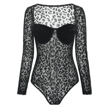

Leopard Corset Style Sheer Bustier Bodysuit, Black